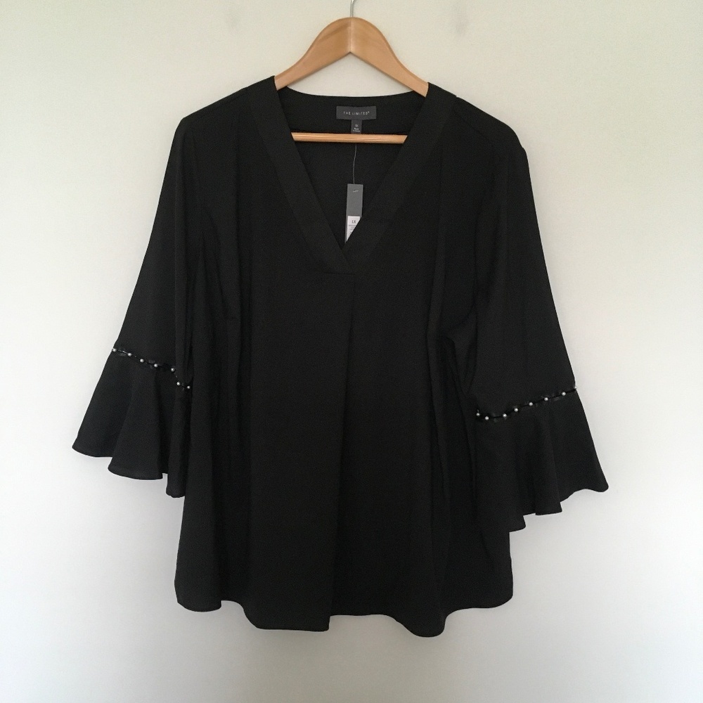 The Limited Top Blouse Black V-neck Sz 1X Stretch Pearl detailed Bell Sleeves
